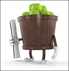 cartoon bucket of green apples holding a rolled up paper