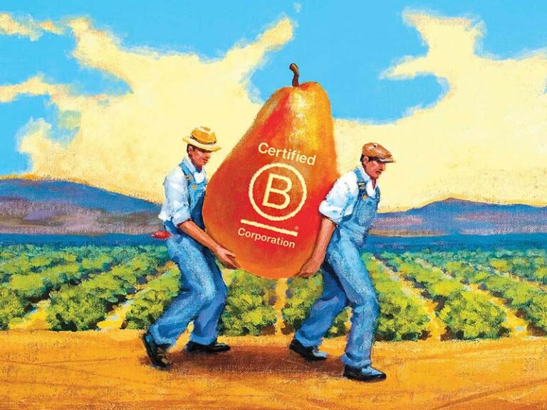 The FruitGuys Pear Guys Carrying B Corp Logo