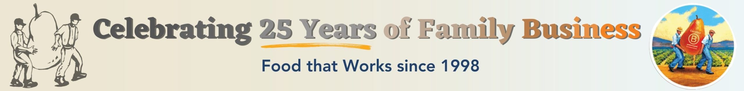 Banner with caption: Celebrating 25 Years of Family Business - Food that Works since 1998"