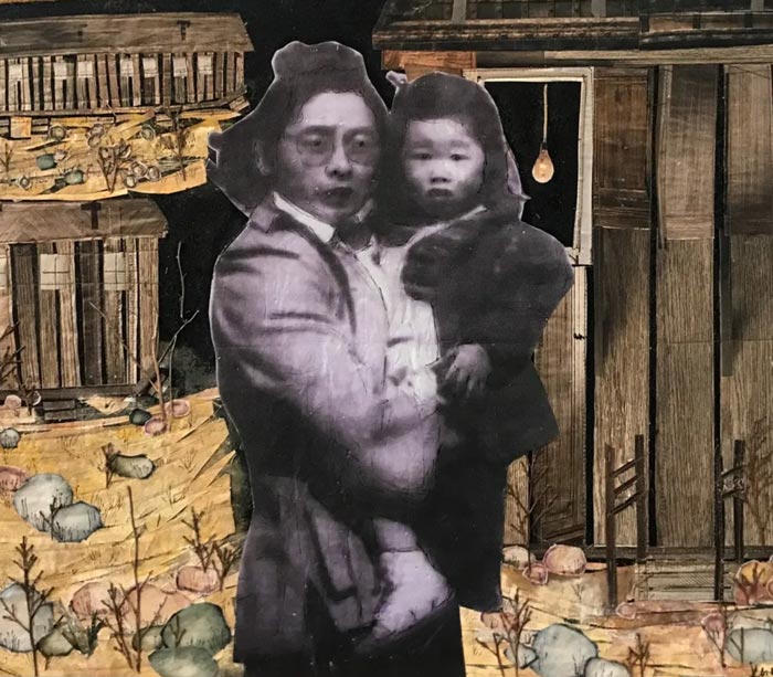 Collage of a woman holding a child