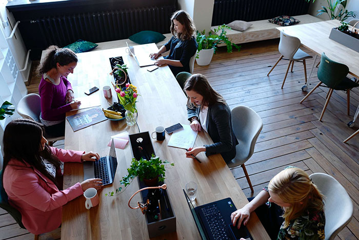 Women working at long communal table