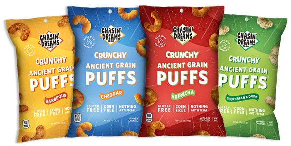 Four bags of Chasin' Dreams crunchy ancient grain puffs
