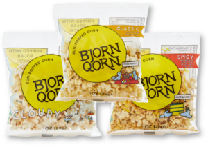 Three bags of BjornQorn: Cloudy (salty), Classic, and Spicy