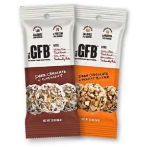 The GFB bites in two flavors, Dark Chocolate Coconut and Dark Chocolate Peanut Butter