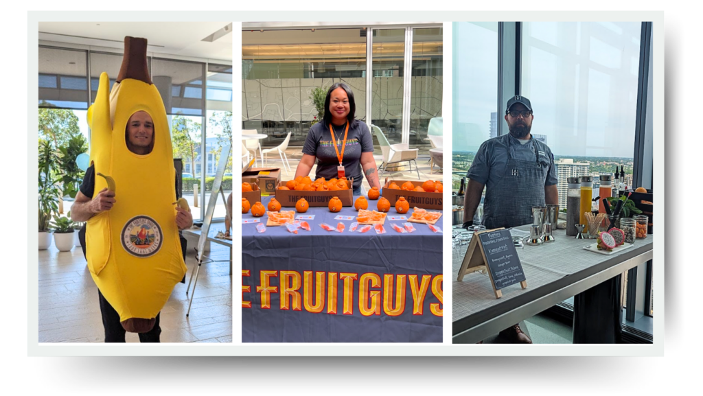 Triptych image: Man in banana suit, woman behind FruitGuys table, bartender