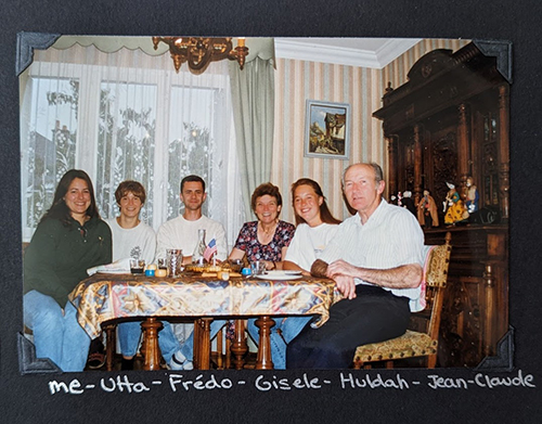 Erin and her host family in France; photo with written caption "Me - Utta - Fredo - Gisele - Huldah - Jean-Claude