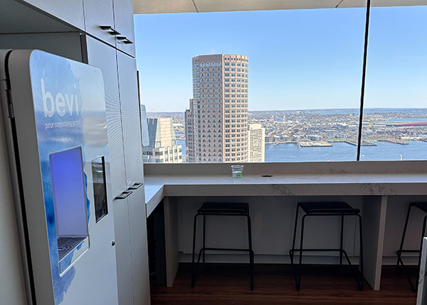 Break room with city/water view and Bevi machine
