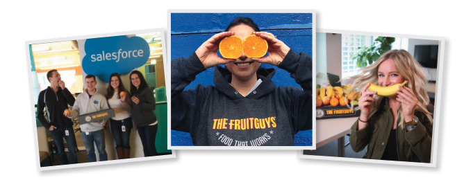 Collage of three photos, people with fruit at work