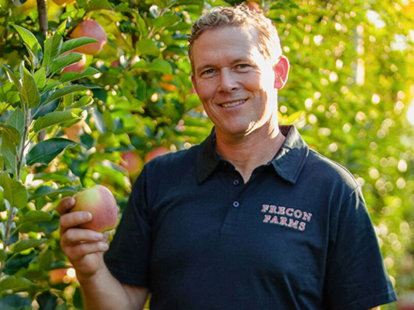 Smiling man picking apple