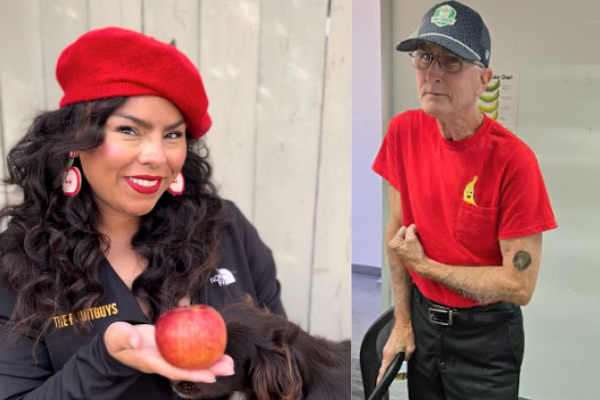 Collage of a woman holding fruit and man with fruit tattoo