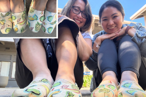 Collage of two women with fruit pattered shoes