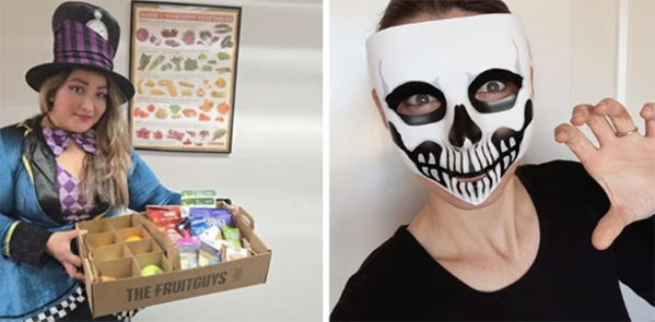 Collage of two women in Halloween costumes, one holding a box of snacks