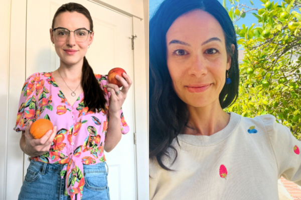 Collage of two women smiling, one holding fruit