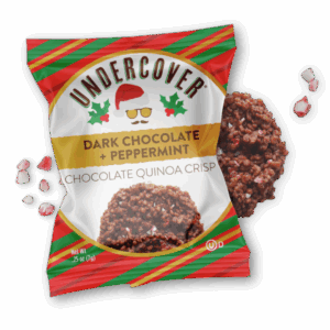Undercover Dark Chocolate + Peppermint Quinoa Crisp packaging and crisp with peppermint pieces