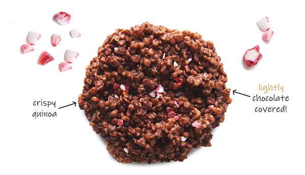 Chocolate quinoa crisp and peppermint pieces, arrows pointing to crisp that say crispy quinoa and lightly chocolate covered