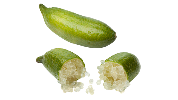 Finger limes, one whole and one split in half with pearls spilling out