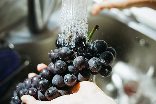 Correctly washing grapes by holding them and rinsing them in running water