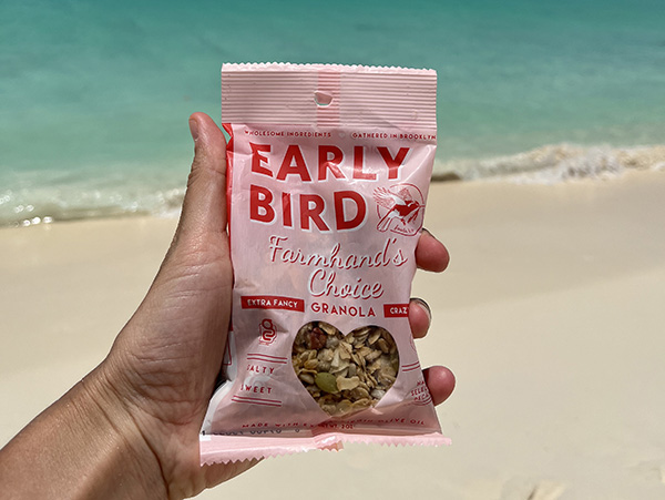 Hand holding Early Bird Farmhand's Choice granola at the beach