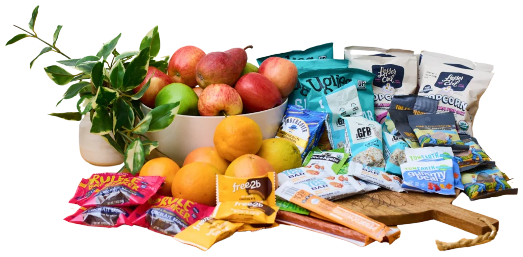 bouquet of fruit and snacks