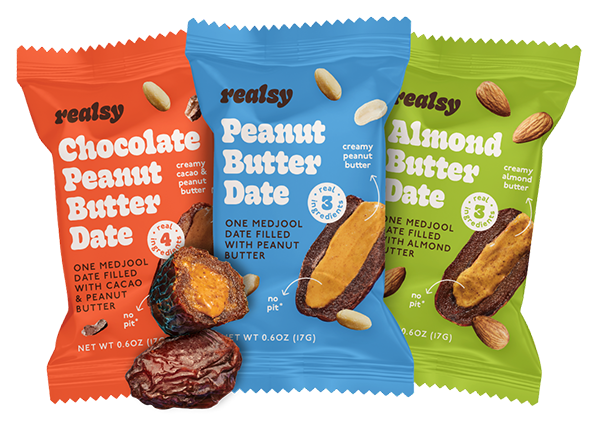 Realsy Chocolate Peanut Butter Date, Peanut Butter Date, and Almond Butter Date in packaging, one date out of packaging