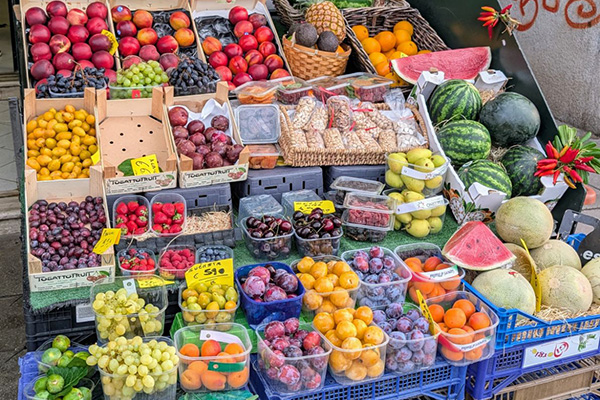 Fruit market displaying a variety of colorful fresh fruit