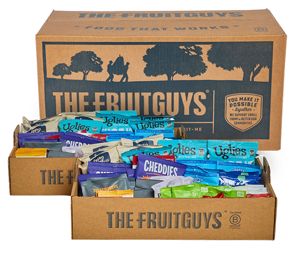 The FruitGuys box, with trays of nut-free snacks