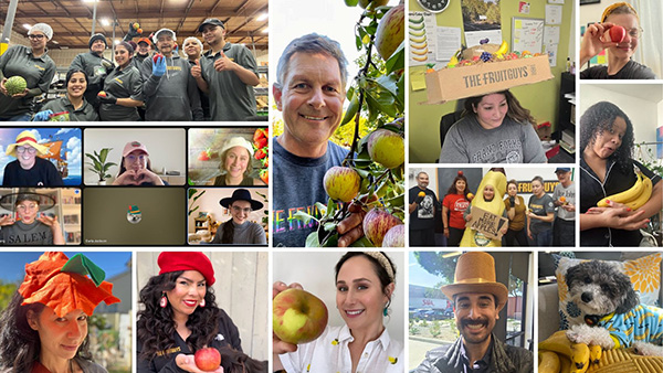Smiling FruitGuys employees wearing hats or fruit-themed outfits, or holding fruit