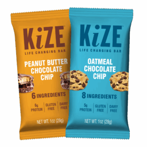 Two KiZE bars, peanut butter chocolate chip and oatmeal chocolate chip