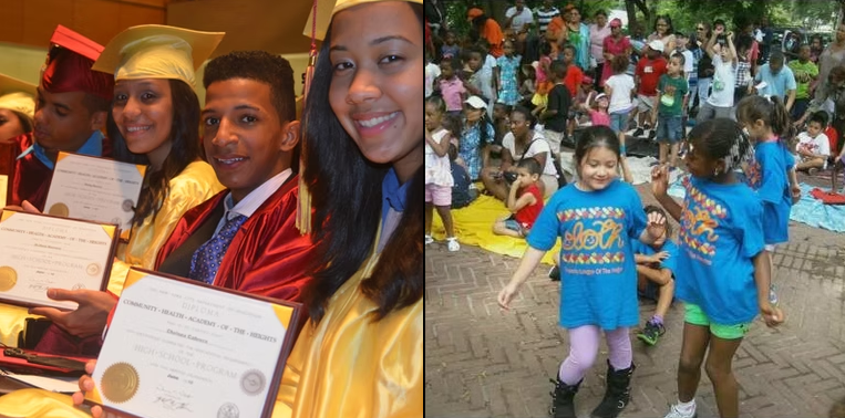 Two images: graduates holding diplomas and kids playing in front of a group