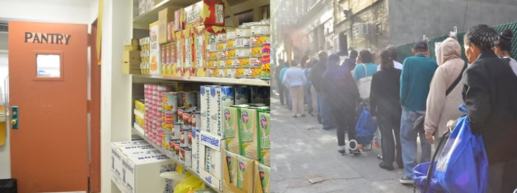 Two images; food pantry with an open door and full shelves, and people in line waiting for food