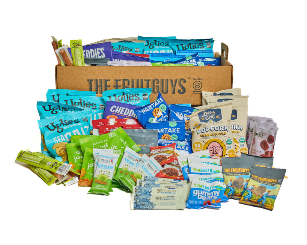 The FruitGuys snack box full of packaged snacks