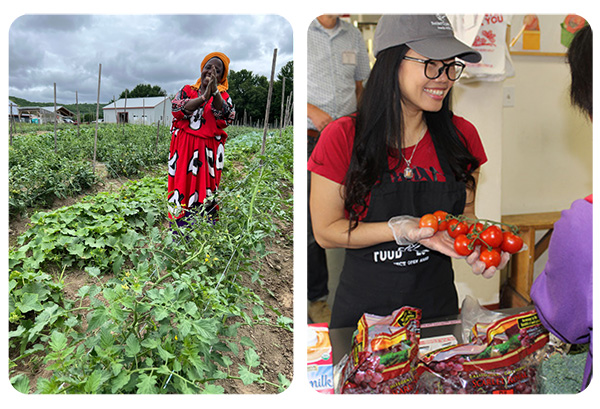 Collage of two images, smiling woman working in a farm field on the left and smiling woman handing out tomatoes and grapes ont he right