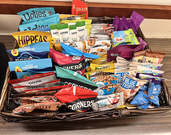 Basket of packaged snacks