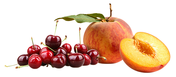 Cherries and peaches, whole and halved peach