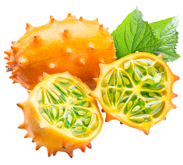 Kiwano melon, whole and halved, with leaves