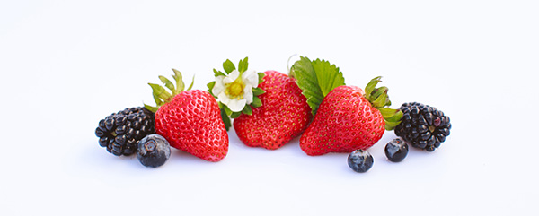 Fresh strawberries, blueberries, blackberries, and strawberry flowewr