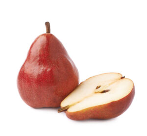 Whole and halved Starkrimson pear
