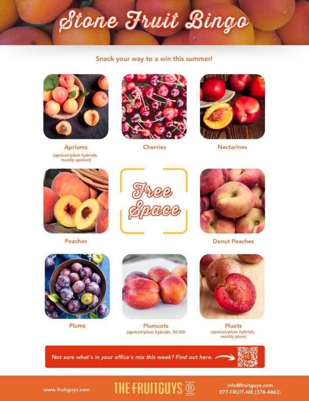A bingo board with a free space in the middle and squares showing different stone fruits