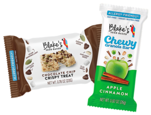 Two snacks from Blake's, chocoalte chip crispy treat and apple cinnamon bar
