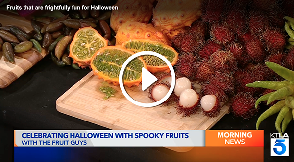 Screenshot of a video from KTLA 5 Morning News: Celebrating Halloween with Spooky Fruits with The FruitGuys