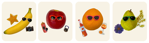 rectangles each with a different fruit: banana, apple, orange, and pear. Fruits are wearing sunglasses and have accessories.